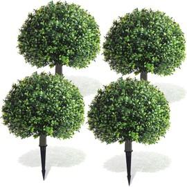 Yunlly 4 Pack 18 Inch Artificial Camellia Topiary Ball Trees Fake Outdoor Plants Bush Realistic UV Resistance Faux Shrubs with Spike Topiaries Potted for Front Porch Garden Yard Patio Indoor Decor