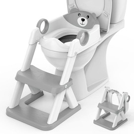BabyBond 2-in-1 Foldable Potty Training Toilet Seat with Step Stool for Toddlers, Anti-Slip & Adjustable Height with Safety Handles, Pink Potty Chair - Color: Gery