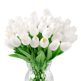 U'Artlines 30Pcs Fake Tulips Artificial Flowers with Stems Faux Tulips Bouquet Real Touch Flower for Wedding Home Kitchen Spring Easter Mother's Day Floral Arrangement Decor (White)