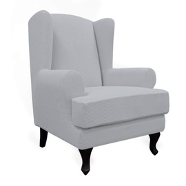 Easy-Going Stretch Wingback Chair Sofa Slipcover 2-Piece Sofa Cover Furniture Protector Couch Soft with Elastic Bottom, Spandex Jacquard Fabric Small Checks Silver Gray