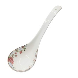 Big Porcelain Spoon Bone china Large Porridge Spoons White Ceramic Flatware Soup Spoons Long Handled Flower Pattern Scoop(Flower Pattern)