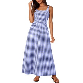 PRETTYGARDEN Women's 2025 Summer Spaghetti Strap Maxi Dresses Plaid Square Neck A Line Casual Beach Vacation Long Sundress (Navy,Small)