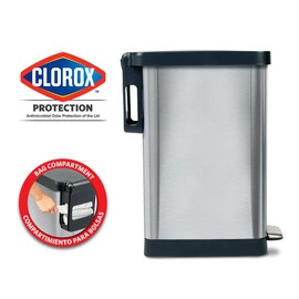 Glad Slim Trash Can with Clorox Odor Protection - Narrow Kitchen Garbage Bin with Soft Close Lid, Step On Foot Pedal and Waste Bag Roll Holder, Stainless Steel, 45 Liter