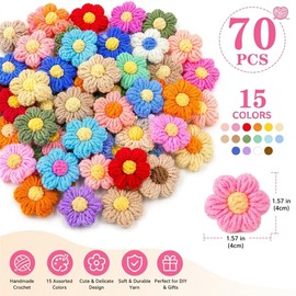 Crochet Flowers Bulk, 70 Pcs Handmade Knitted Yarn Flower Appliques for DIY Crafts, Hair Clips, Headbands, Hats, Clothing Embellishments,Bouquet Blanket, Multicolor Floral Decorations