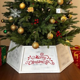 Wood Tree Collar,28.7" White Christmas Tree Collar for Artificial Trees, Vintage Hexagon Natural Wooden Christmas Tree Stand Cover,Farmhouse Rustic Christmas Tree Box Base