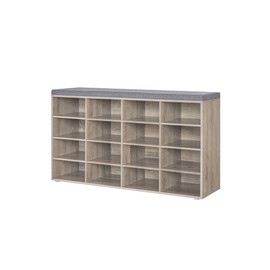 DINZI LVJ Shoe Storage Bench with Cushion, 16-Cubby Shoe Rack, Adjustable Shelves, Multifunctional Shoe Organizer Bench for Entryway, Mudroom, Hallway, Living Room, Bedroom and Garage, Greige