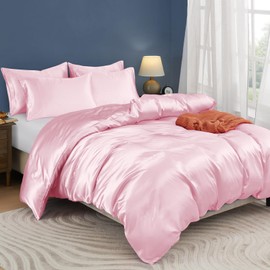 Horbaunal 5 Pieces Satin Duvet Cover Set King Size Blush Pink Duvet Cover with Corner Ties & Zipper Closure, Luxury & Silky Bedding Set, 1 Duvet Cover and 4 Pillowcases (No Comforter)