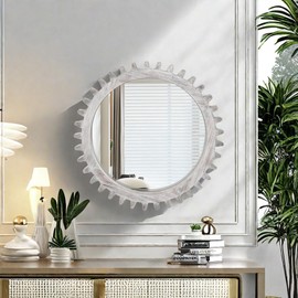ZJMTOCYU Elegant Vintage 26" x 26" Gear-Shaped Wall Mirror for Living Room, Bathroom, and Entryway, Antique White Washed Finish