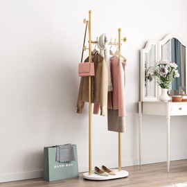 Smlttel Gold Clothing Rack With Shelves, Gold Coat Rack Freestanding with Marble Base, Coat Hanger Hat Tree Standing Clothes Racks for Boutique, Bedroom