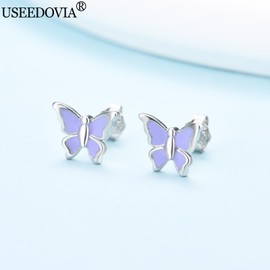 USEEDOVIA Silver Stud Earrings for Girls Women, Hypoallergenic 925 Sterling Silver Stud Earrings丨Cute Butterfly Studs Earrings Jewelry Gifts for Teens Kids Purple