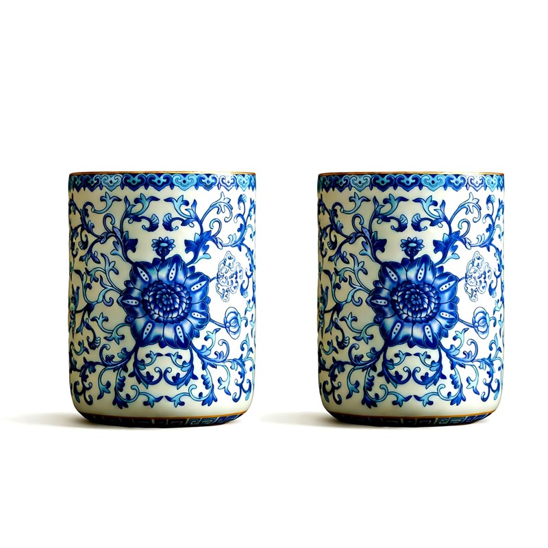 CmengAo Blue and White Floral Porcelain Tea Cups Set of
