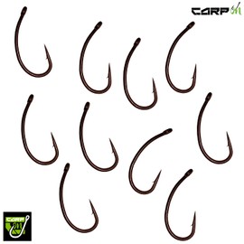 Carp On - Packs of 10 Size 8 CURVED SHANK Eyed Fishing Hooks - Made From Teflon Coated Carbon Steel (Micro Barbed - Camo Brown, Pack of 10 - Size 8) [14-7808]