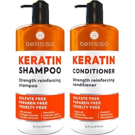 BELLISSO Set de Champú y Acondicionador de Queratina - Sin Sulfato y Sin Parabenos - Tratamiento Espesante de Salón para Cabello Seco, Dañado, Rizado