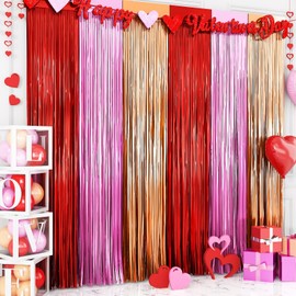 Valentines Foil Fringe Curtains, 2 Packs of 3.3x6.6 ft Valentine's Day Photo Booth Props, Red Pink and Champagne Gold Foil Fringe Curtains Photo Backdrop for Valentine's Day Birthday Party Decorations