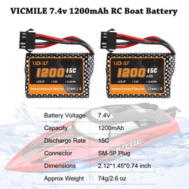 VICMILE 7.4V 1200mah Li-ion Battery 2S 15C RC Boat Batteries R208 R308 Battery Fit for High Speed Remote Control Boats 2Pack with USB Chargers