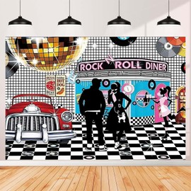 Disco Retro Style Photo Backdrop - 50's Rock Roll Prom Dance Birthday Diner Party Decor - Retro Diner Time Classic Car Party Decoration Banner, 8x6FT