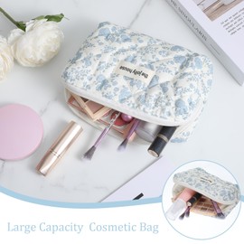 Nogeqi Cute Floral Makeup Bag Organizers, Blue Quilted Makeup Bag, Cotton Travel Cosmetic Bags for Women