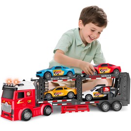Toddler Boy Toys for 3 4 5 6 7 Years Kids, 21" Double Layer Race Truck Toy with 4 Racing Cars, Friction Powered Vehical Toys with Lights and Sounds, Birthday for Boy Girls-Red