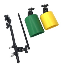 TUOREN Percussion Jam Block with Mounting Bracket Kit Include Plastic 3.3inch Yellow Cow Bell, Low Pitch 4.3inch Green Cowbell, Drum Set Cowbell Clamp and 3/8inch Straight Rod