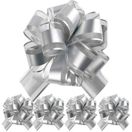 5 PCS 7 inches Large Pull Bows Wrapping Pull Bow Ribbon，Silvery Gift Wrap Bows for Gift Wrapping Baskets Wedding or Flower Decorations, Valentine's Day Christmas Birthday Gift Decorations