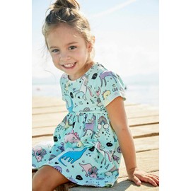 Bumeex Little Girls Cotton Casual Cartoon Print Short Sleeve Skirt Dresses