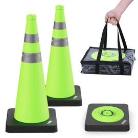 BATTIFE [2 Pack] 28 Inch Collapsible Traffic Safety Green Cones with Black Weighted Base, Multi Purpose Pop-up Cones and Reflective Collar, for Road Parking, Driving Practice.