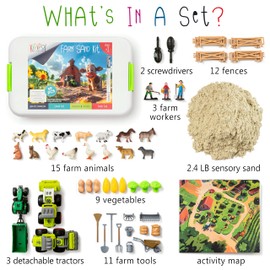 Kipipol 59 PCS Farm Sensory Bin Sandbox with Lid, 2.2 LB Sensory Sand, 40 Toddler Farm Toys, 3 Take Apart Construction Trucks -Sensory Toys for Kids 5-7, 3-4 & Up- Kids Gifts for Boys and Girls