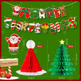 WinTS 18 Pcs Christmas Party Decorations,Merry Christmas Banner,Christmas Hat and Tree Honeycomb Balls,Sock Candy Swirl Streamers for Christmas Party,Winter Holiday Supplies