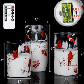 Lasumora Cardinal Theme Flameless Candles with Remote Timer, LED Pillar Candles, Real Wax & Glass, Battery Operated 3D Wick Flickering Candles for Home Festival Décor Gifts(Pack of 3)