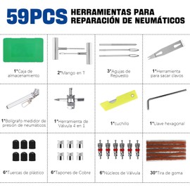 HHMIDS Kit de Reparación Neumáticos, 59 Piezas Parchar Llantas de Moto, Reparación de Pinchazos de Neumáticos Planos con Caja para para Coches, Motos, Camiones (59pcs)