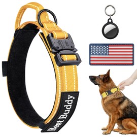 AUBELL Reflective Tactical Dog Collar, Adjustable Military Nylon Dog Collar with Handle and Heavy Duty Metal Buckle for Medium Large Extra-Large Dogs, with Airtag Case and 2 Patches(Yellow, XL)