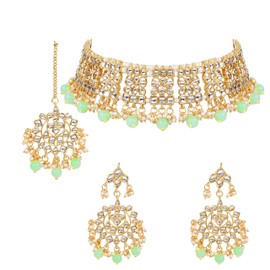 I Jewels 18k Gold Plated Indian Wedding Bollywood Designer Pearl Kundan Choker Necklace Set Jewelry for Women (K7069Min)
