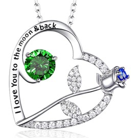 May Birthstone Emerald Necklace for Wife Love Rose Flower Blue Sapphire Jewelry I Love You to the Moon and Back Necklace Sterling Silver