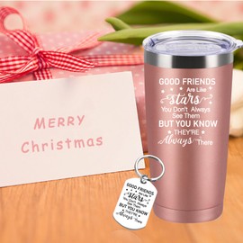 Diztoud Gifts for Best Friend, Sister, Christmas Gifts, Birthday, Good Friends Are Like Stars, 20 oz / 600 ml, Double-Walled Stainless Steel Wine Cup with Lid and Straw, Keyring