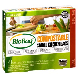 BioBag Small Compostable and Biodegradable Kitchen Bags for Food Scraps, 10 Litre, 20 Count