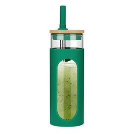 Tronco 22oz Glass Tumbler with Bamboo Lid and Straw, Reusable Iced Coffee Cup for Boba Tea, Smoothies & Cold Drinks, Spill-Proof Glass Cup with Silicone Sleeve, Dishwasher Safe, BPA-Free (Pack of 1)