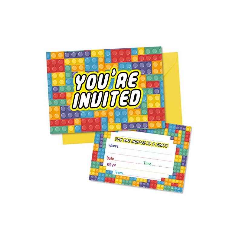 (Pack of 20) Building Block Birthday Party Invitations with Bright