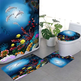 Blue Ocean Bathroom Sets with Rugs and Accessories for Boys and Girls White Dolphins and Fish Shower Curtains with Bath Mat and Toilet Seat Cover
