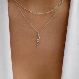 Iaceble Boho Layered Snake Pendant Necklace Choker Punk Layered Snake Choker Necklace Silver Serpent Necklace Double Layer Twist Chain Necklace Jewelry for Women and Girls