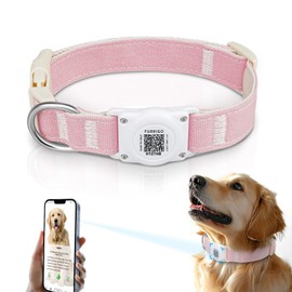 Airtag Dog Collar QR Code - IP68 Waterproof Integrated Air Tag Dog Collar Holder ID Tag - Free Pet Online Profile - Durable Natural Cotton Hemp - Fits for Small Medium Large Dogs (Pink, XL)