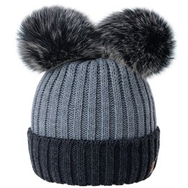 Women Ladies Winter Beanie Hat Knitted Chunky Beanie Hat with Double Faux Fur Pom Pom MFAZ Morefaz Ltd (Dark-Grey Grey)