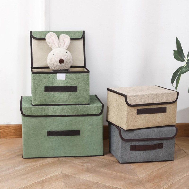 EURXLQ Grey Foldable Storage Box with Lid, Linen Fabric Foldable