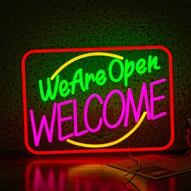 JLEWUINH Business We Are Open Neon Sign Welcome Wall Decor Neon Light Open Sign LED Light Sign Coffee Shop Bar Restaurant Salon Hotel Welcome Door Window Decor Sign USB 16.5"X11.8"