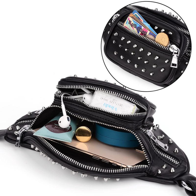 UTO Fanny-Pack-for-Women-Leather Vegan Waist Bag Rivet Studded Lightweight Zipper Pocket