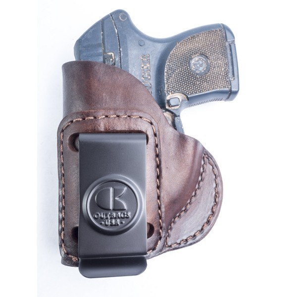 OUTBAGS USA LS4LCP (Brown-Left) Full Grain Heavy Leather IWB Conceal Carry Gun Holster for Ruger LCP and LCP II and LCP MAX 380. Handcrafted in USA.