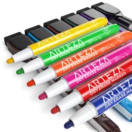 Arteza Fine Tip Dry Erase Markers with Eraser, Pack of 24 Low Odor Magnetic Dry Erase Pens, 12 Assorted Colors, Homeschool Supplies Whiteboard Markers, Office and School Supplies for Teachers