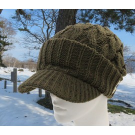 Logos Knit Hat with Brim Solid Color Cable Knit, Khaki