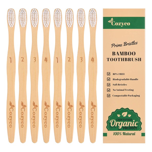 Cozyco Natural Bamboo Toothbrushes, Compostable and Biodegradable Wooden Toothbrush with Soft Nylon Bristles for Sensitive Gums, Vegan and Reusable Toothbrush for Adults and Kids (Pack of 8)