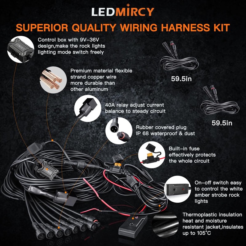 LEDMIRCY Switchback LED Rock Lights Kit White/Amber Strobe with Wiring