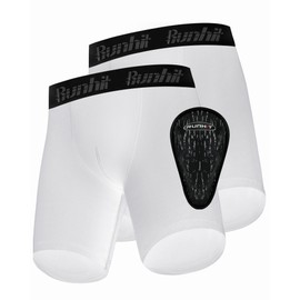 Runhit Boys Cup Underwear for Baseball Football, Youth Compression Shorts with Soft Protective Athletic Cup Boxer Brief for Lacrosse Hockey (2 Pack, White, L)